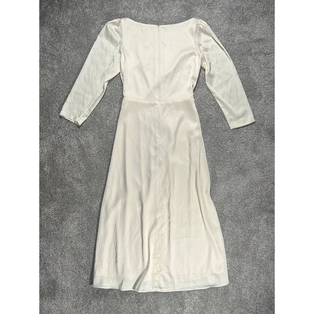 NOIRE Women Cream Satin Long Sleeve Midi Dress with Front Slit and Waist Tie S - Picture 2 of 13
